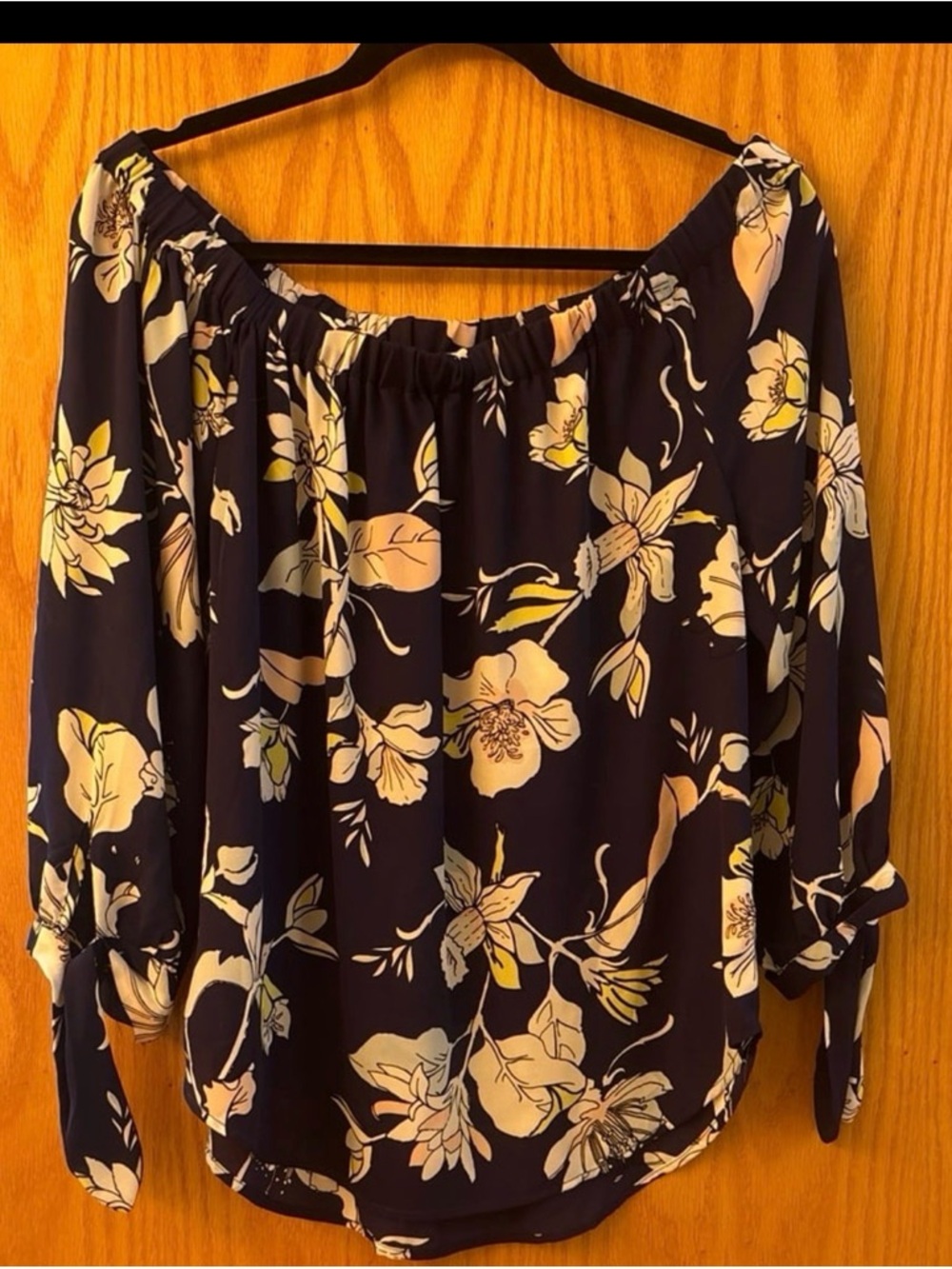 Women's Navy Off-Shoulder Floral Blouse with Tie Sleeves